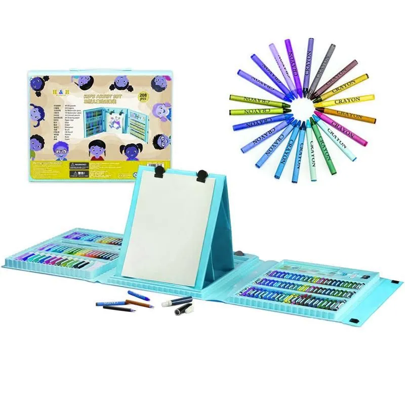 208 Piece Kids Art Set Crayon Oil Pastel Painting Drawing Easel Case Kit - Blue