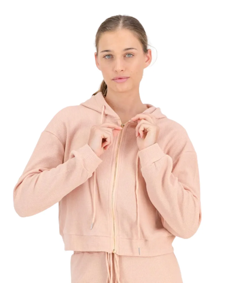Waffled Loungewear Cropped Knitted Zip Up-Hoodie by Soul Lifestyle - Blush