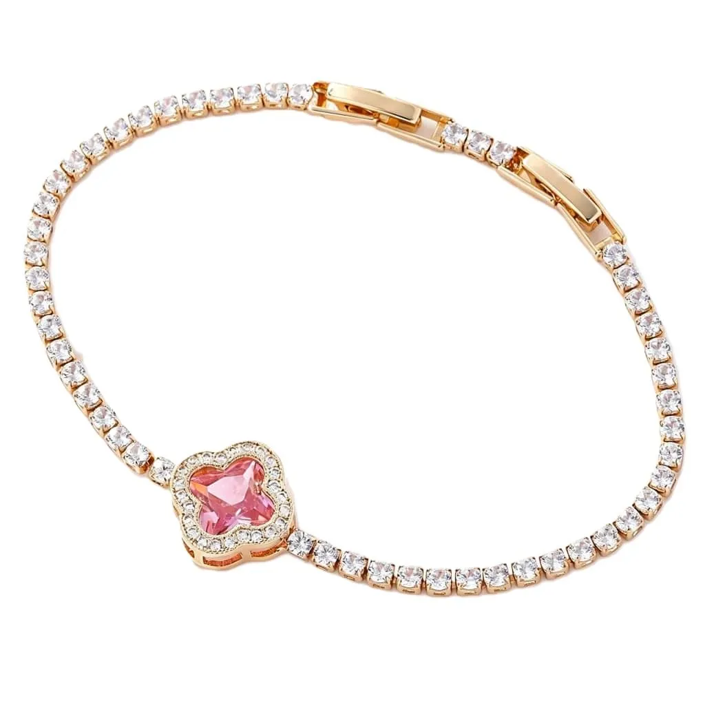 Gold-Toned Ruby Clover Motif Rhinestone Tennis Bracelet - Pink