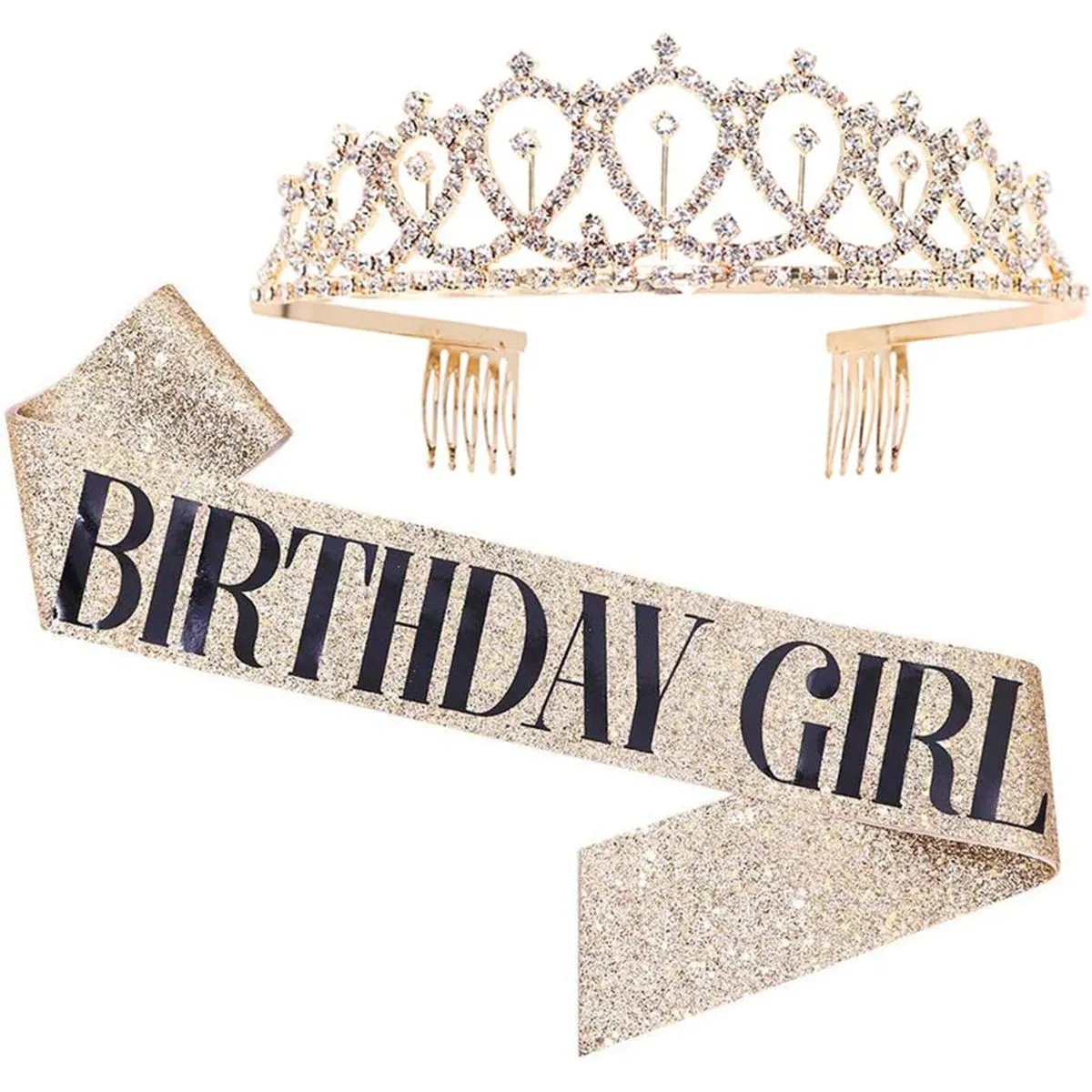 Brithday Sash and Crown - Girl Happy Birthday Party Gift Set - Gold