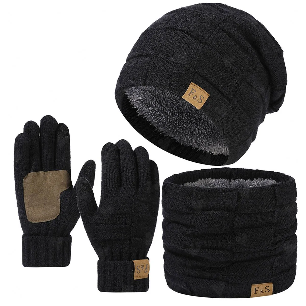 3 Pack Winter Thick Lined Warm Beanie Hat Touch Screen Gloves Neck Warmer