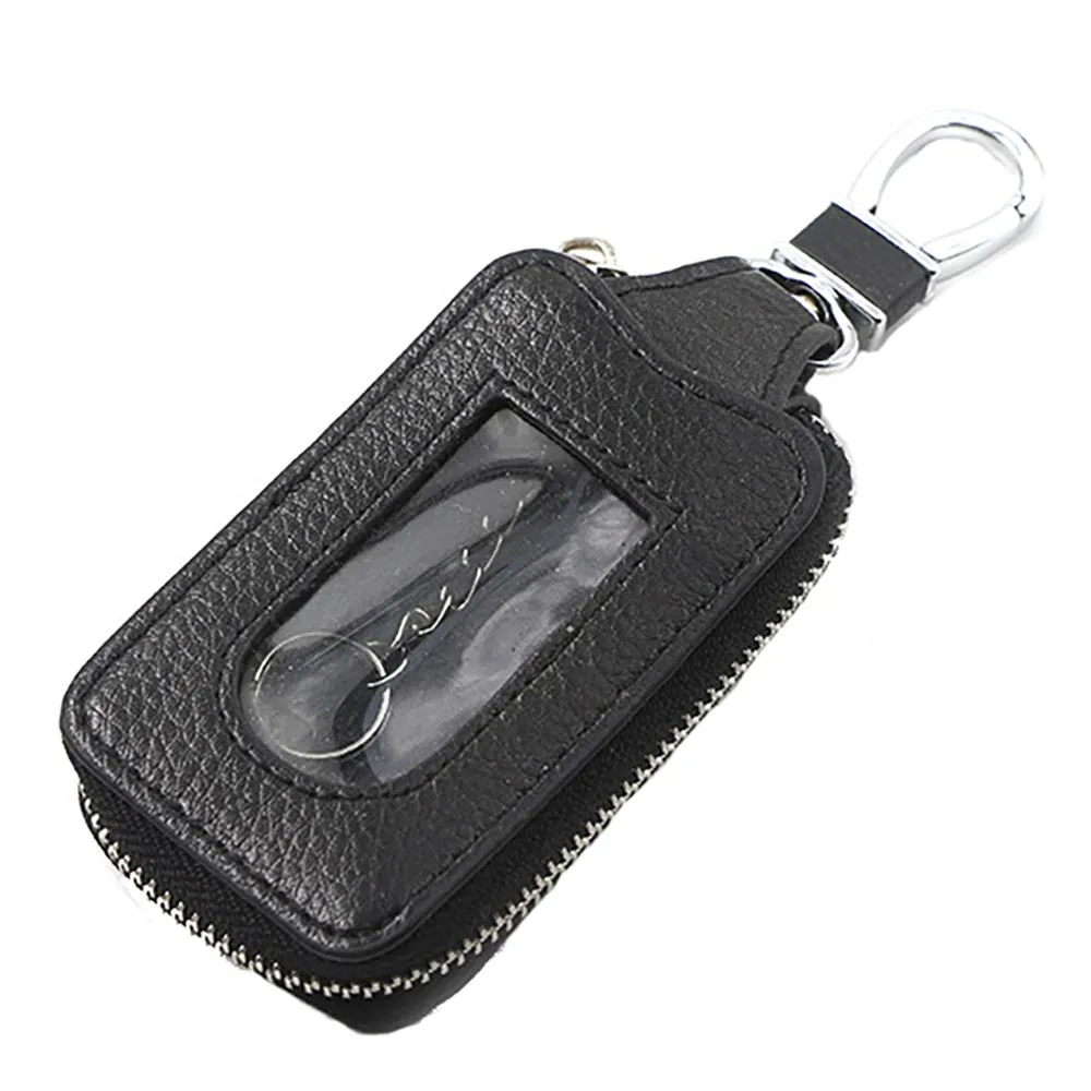 Leather Car Key Case Key Holder Zipper Key Wallet Key Chain Bag-Black