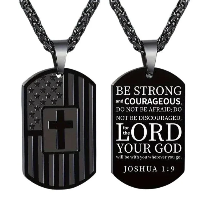 Men's Matte Black Stainless Steel Joshua 1:9 Scripture Dog Tag Necklace