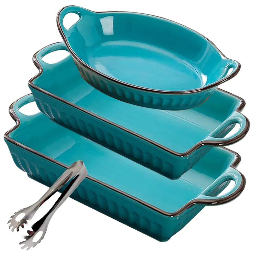Set of 4 - Large Fluted Bakeware Beautiful Glazed Rim Casserole Baking Dish - Antique Glazed Rim Bl…