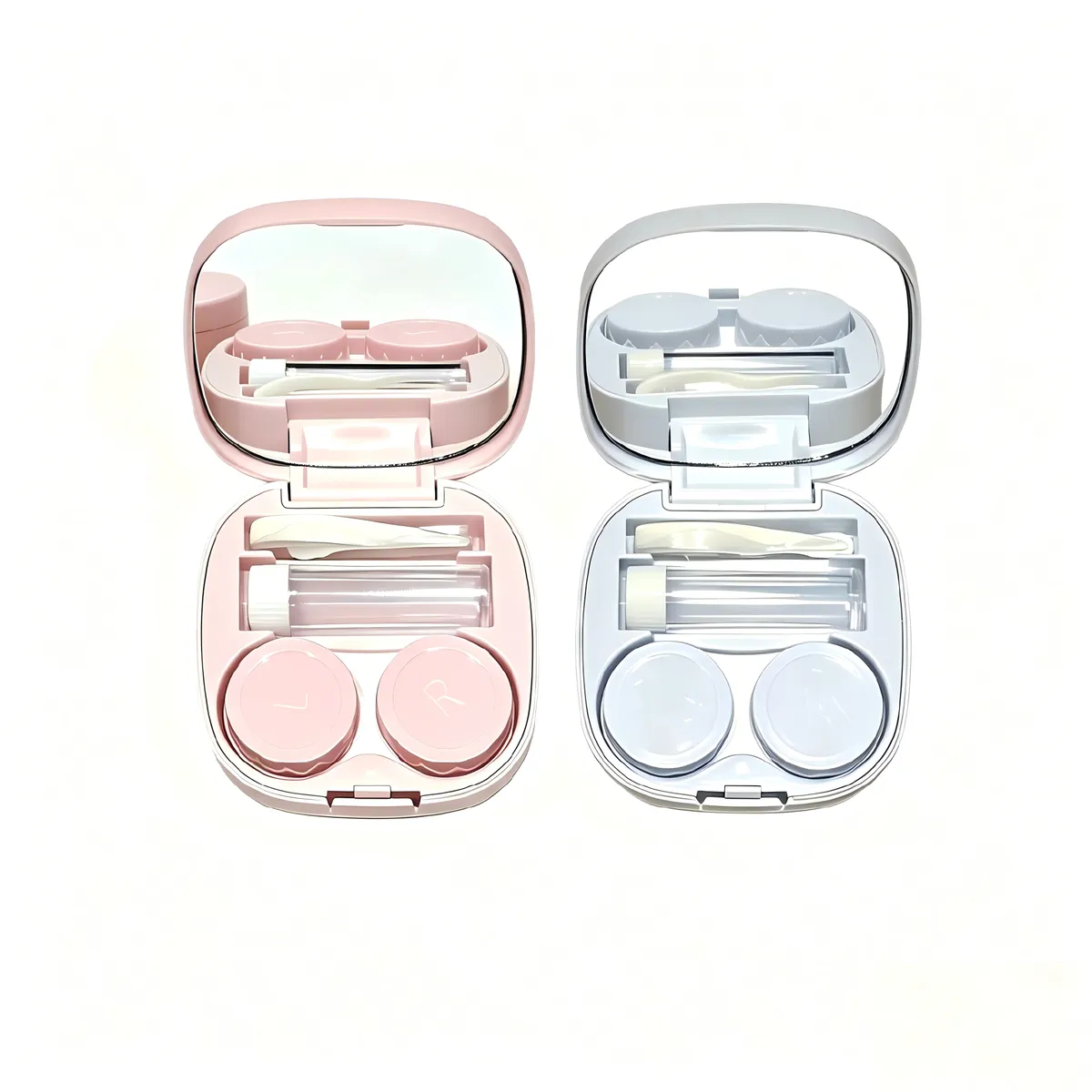 2 Pack Pink & Blue Contact Lens Cases with Mirror & Lens Solution Bottle