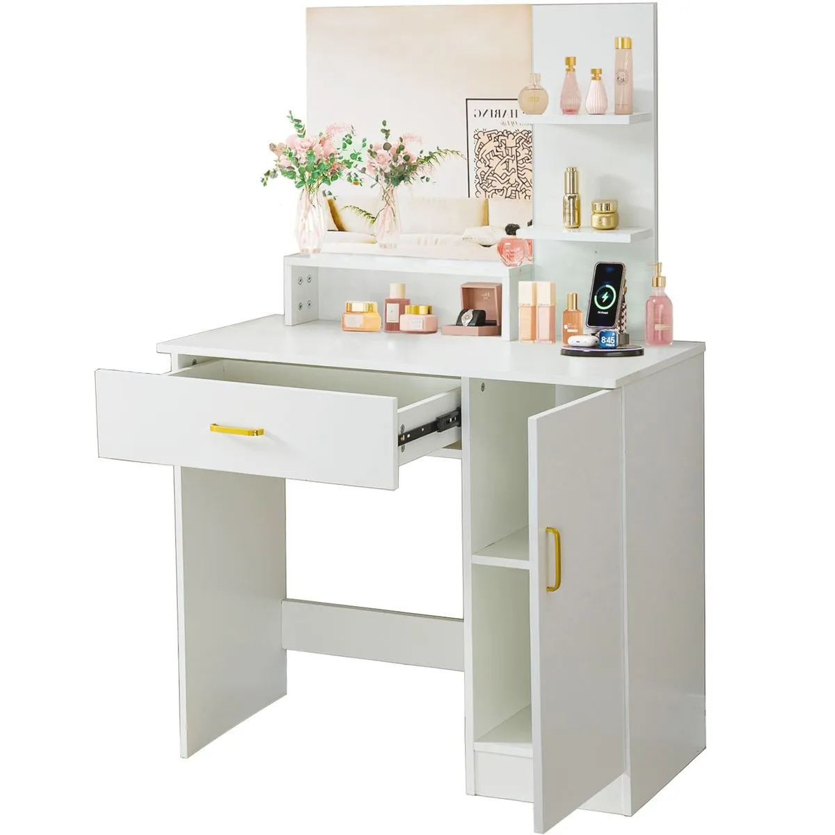 Dressing Table with Mirror Vanity Table Makeup Desk Drawer Cabinet Shelves
