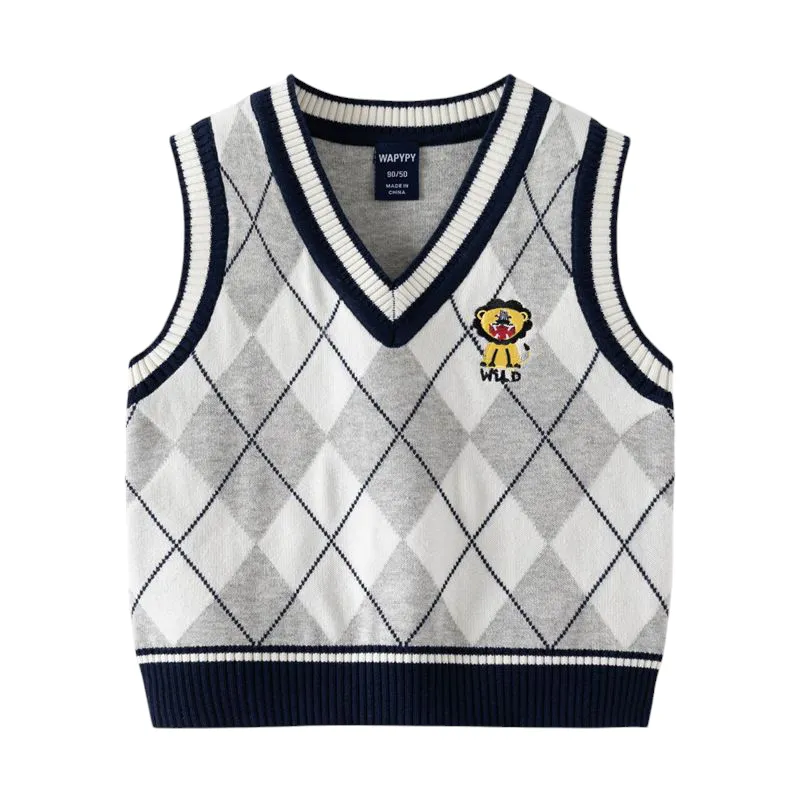 Grey Embroidered Lion Argyle Sweater Vest for Boys