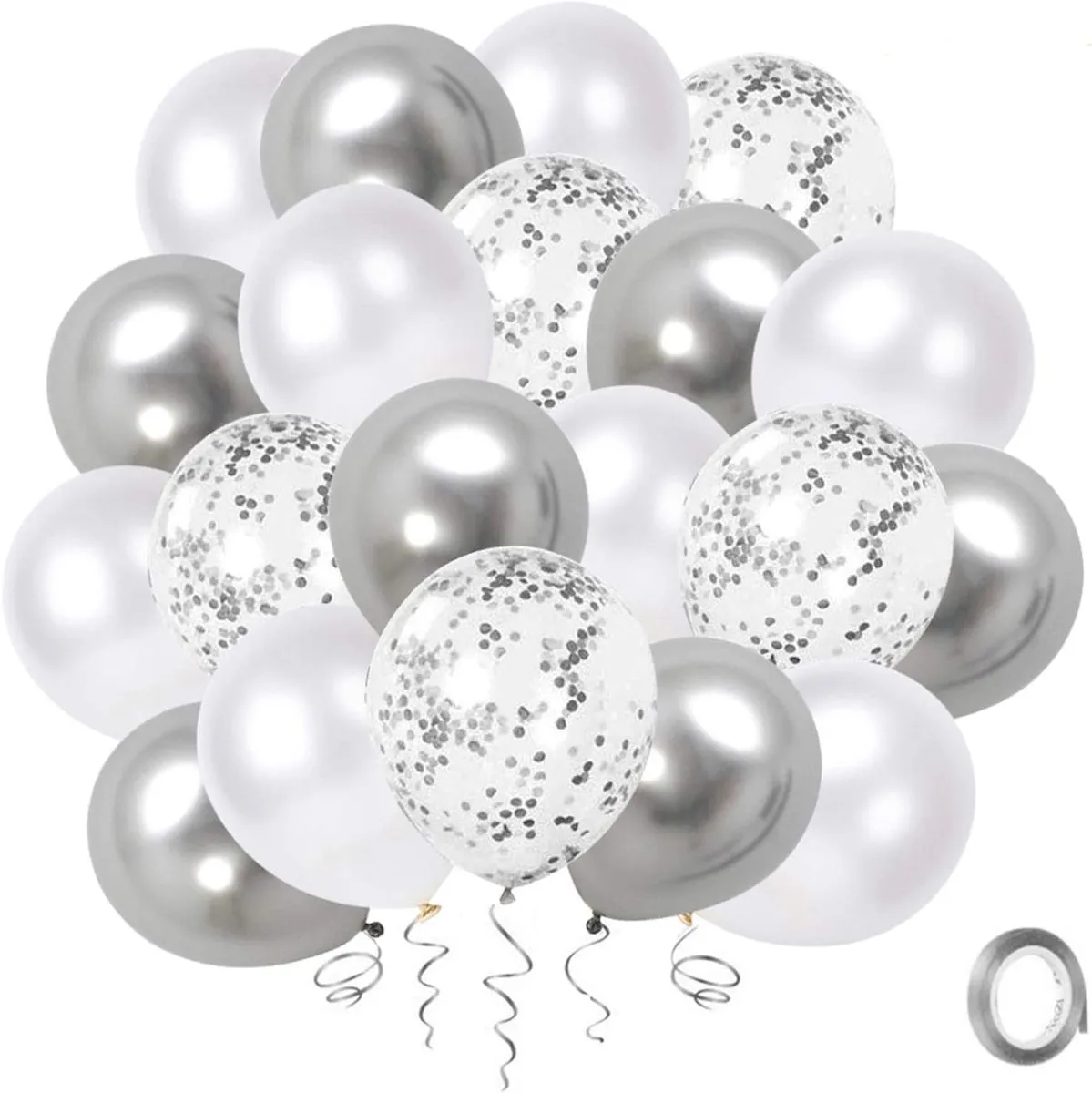 20 Piece - Metallic Silver and Confetti Helium Balloons (Round)