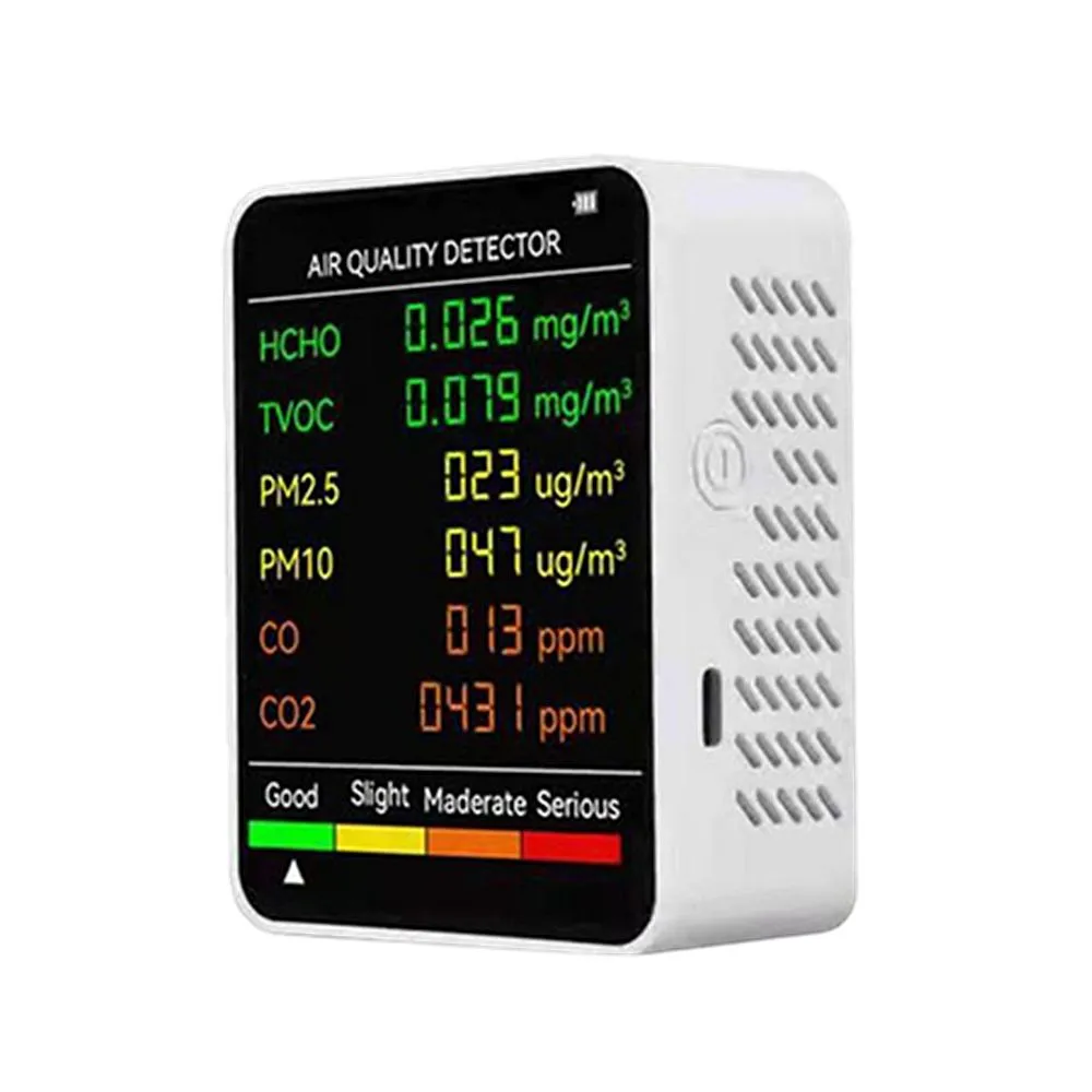 6-in-1 Air Quality Monitor - PM2.5/PM10/HCHO/TVOC/CO/CO2 Detector