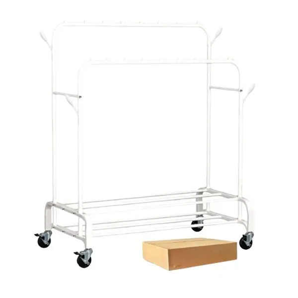 White Metal Garment Rack with Wheels - Double Rail Clothes Rack