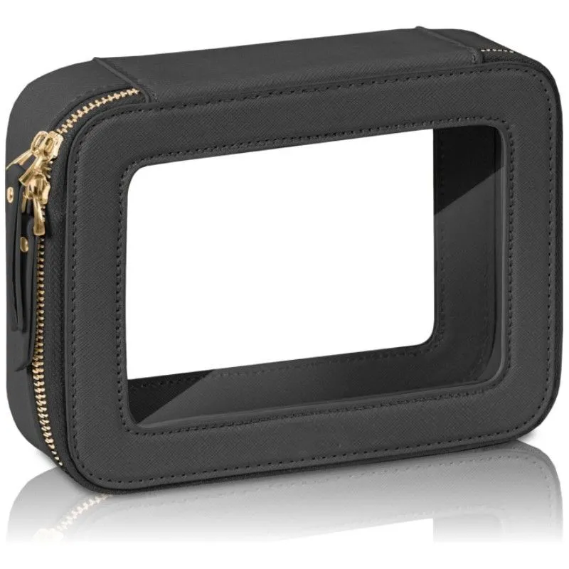Clear Makeup Bag - Waterproof, Organizer with Golden Zipper - Black