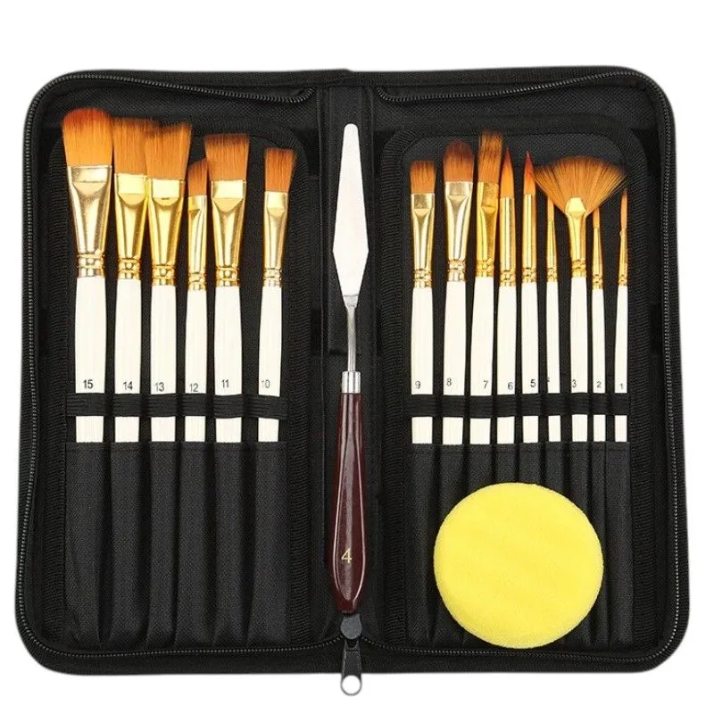 Artist Paint Brush Set with Canvas Case - 15 Brushes - Blue Handle