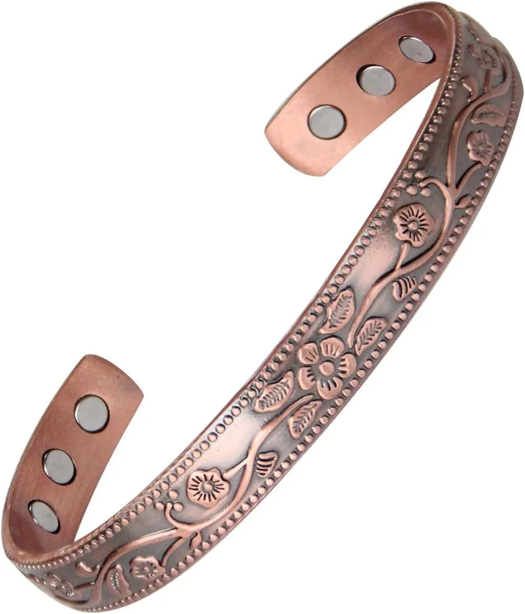 Copper Bracelets for Women, Pure Copper Vintage Flower Magnetic Bangle