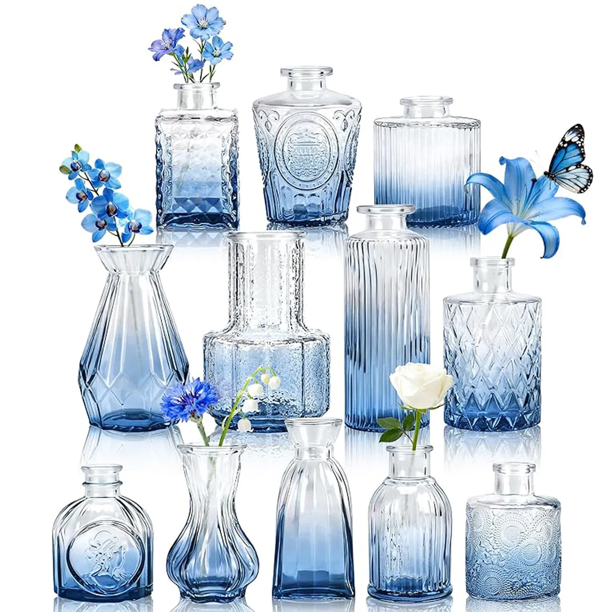 12 Decor Glass Vase Set,Vintage Bud Glass Vases Bottles,small Clear Vases - Blue