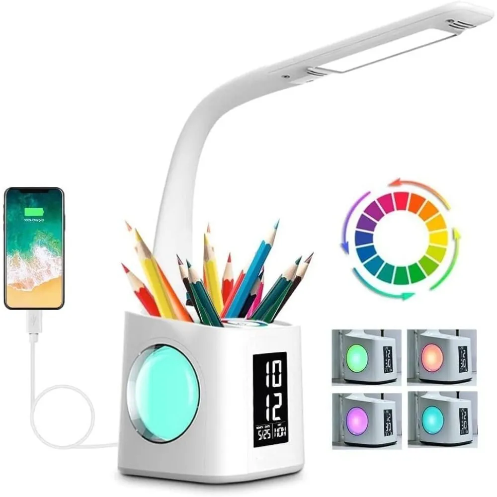 7-in-1 Study Desk Lamp with USB Charging, Screen, CalendarColor Night Light
