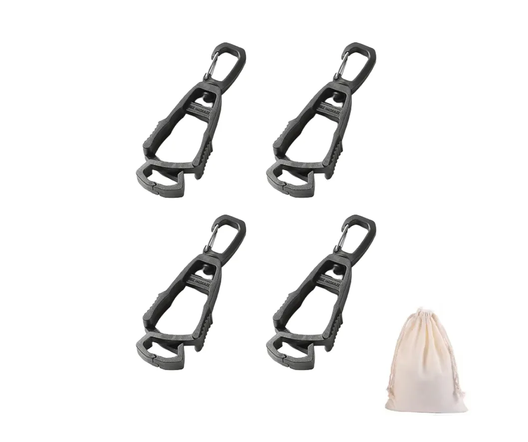 Camping Carabiner Clip Set with Drawstring Bag - Utility - Outdoor - 4 Pack - Black