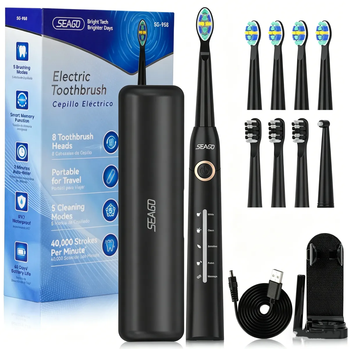 IPX7 Electric Toothbrush, 8 Brush Heads, Toothbrush Holder And Travel Case - Black