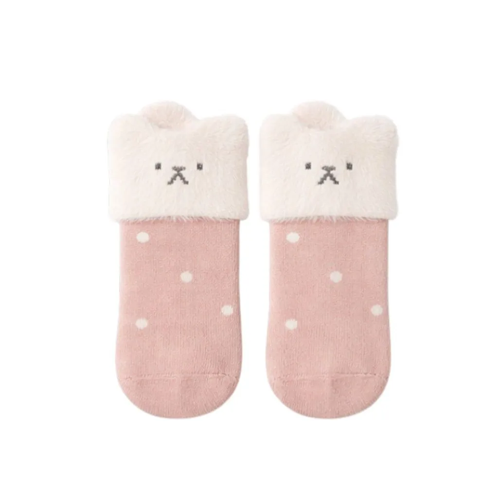 Thick & Soft Velvet Socks With Bear Design - Blush Pink