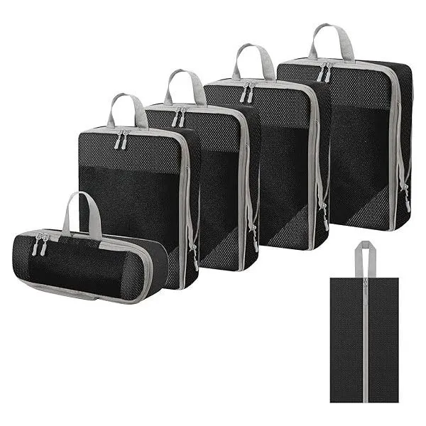 6 Piece Collapsible Compression Packing Cubes for Luggage Mesh Travel Bags - Black