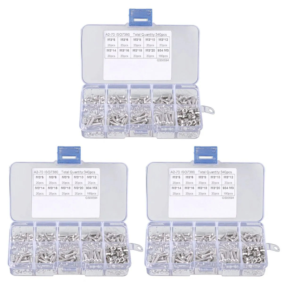 1020Pcs M3 Hex Socket Screw Nut Screws Nuts Assortment Kit Fastener