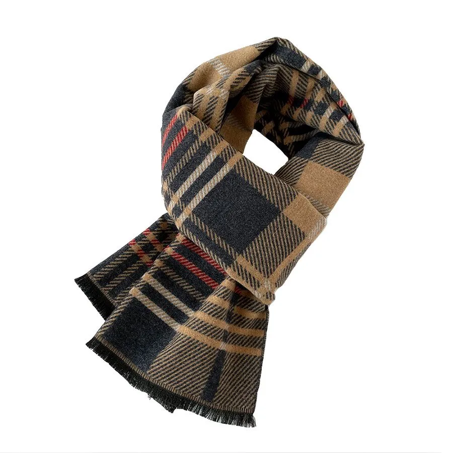 Fluffy and Soft Imitation Cashmere Men's Autumn and Winter Plaid Scarf - Brown
