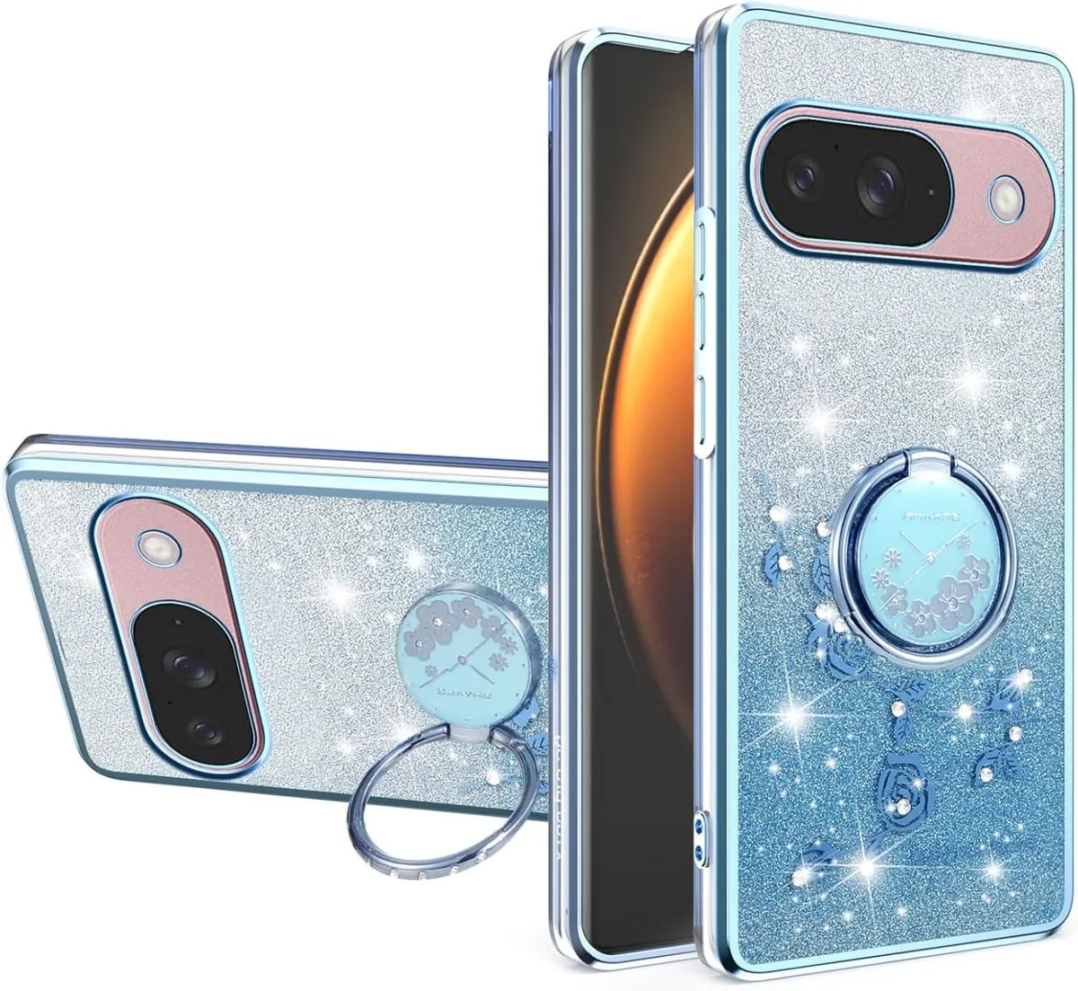 Bling Sparkle Flowers Phone Case Compatible With Google Pixel 10 - Blue