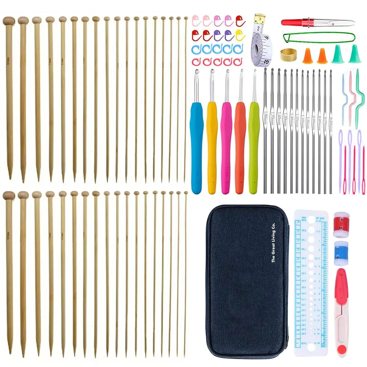 93 Pcs set-Crochet Hooks, Accessories,Bamboo Knitting Needles & Case - Dark Blue