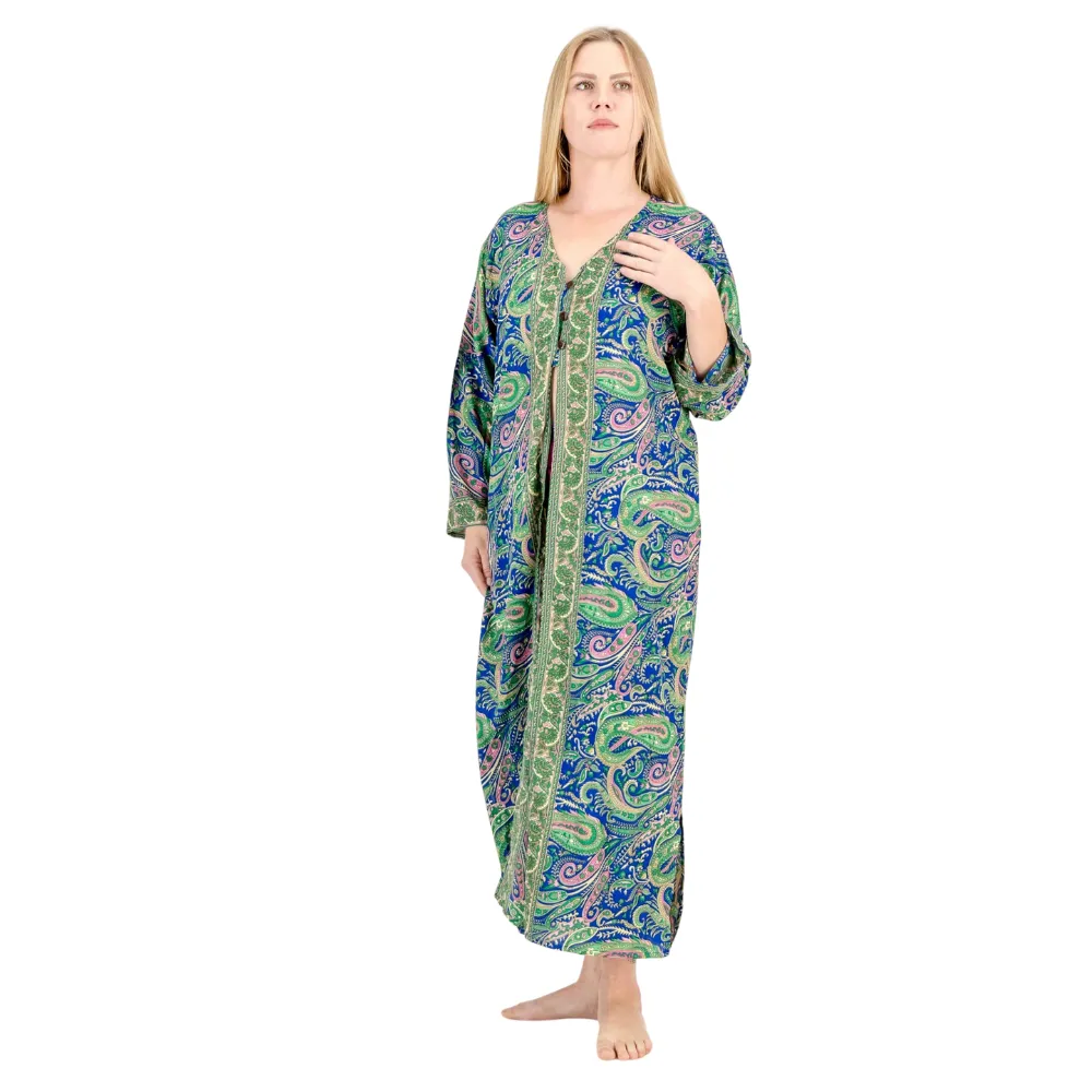 SKA Thai V-Neck Open Kimono Kurta Dresses - Blue Teal