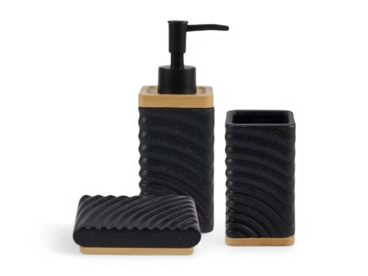 3 Piece Ceramic Wooden Modern Black Bathroom Accessories Set