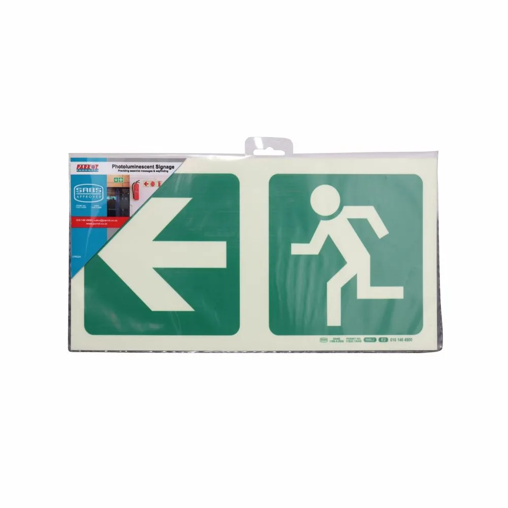 Parrot Products Photoluminescent Safety Sign E2 Arrow Left + Run Man