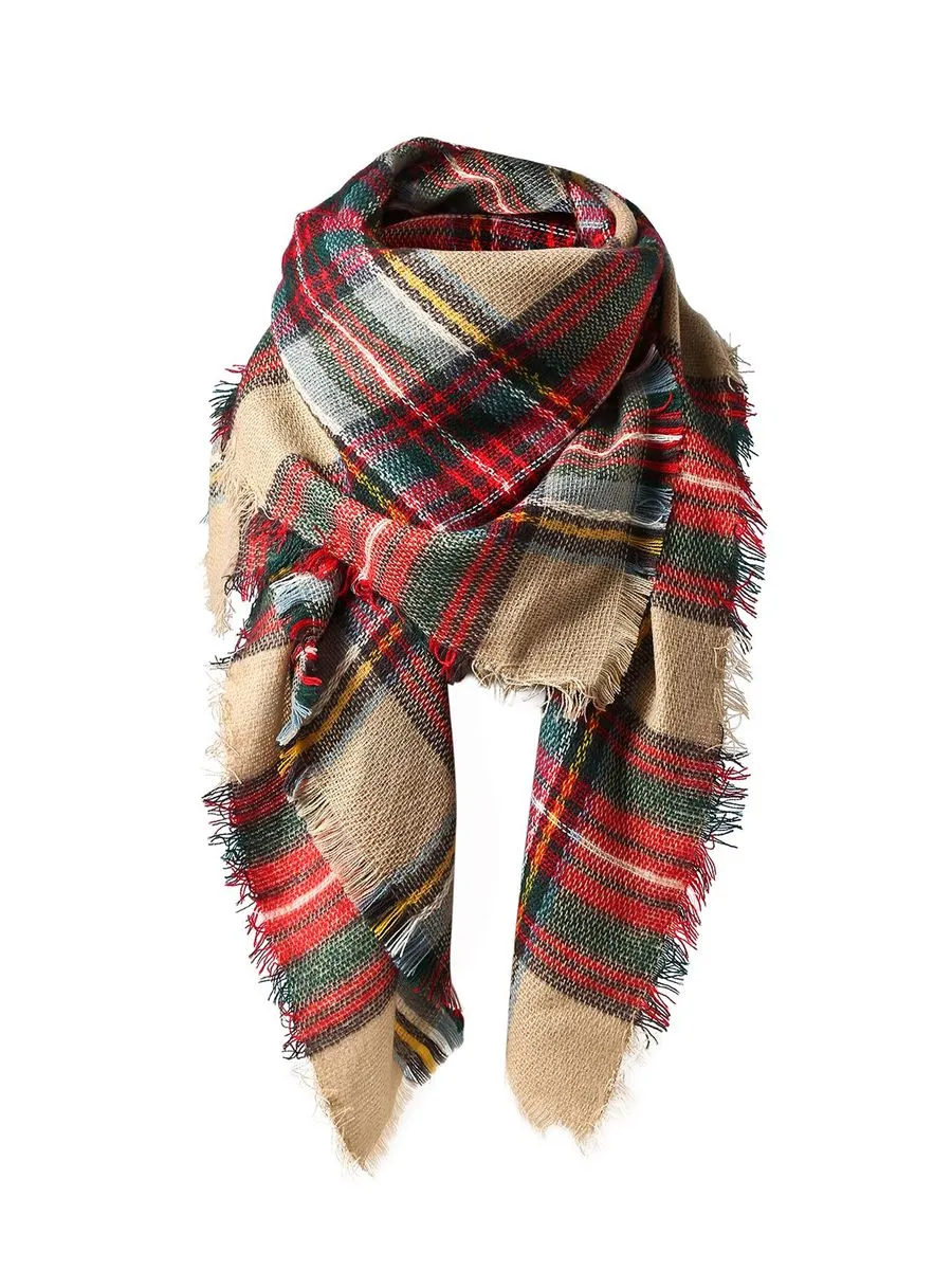 Womens Fall Winter Scarf Plaid Tassel Soft Warm Blanket Scarves - Brown, Green