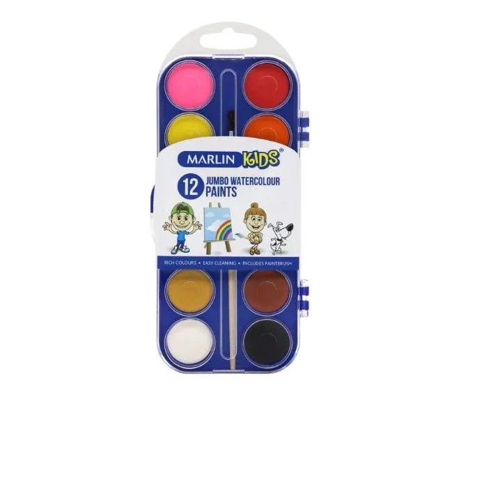 Marlin Kids - 12 Jumbo Water Colours + Brush (Pack Of 12)