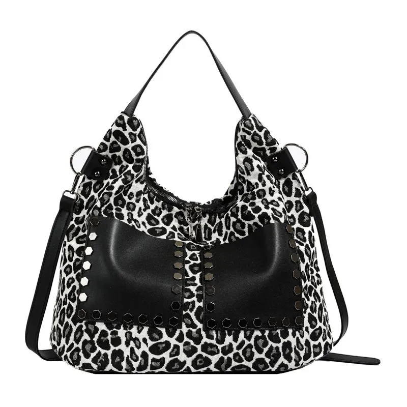 Tote Bag-Leopard Print Large Capacity Shoulder Crossbody Bag - Black