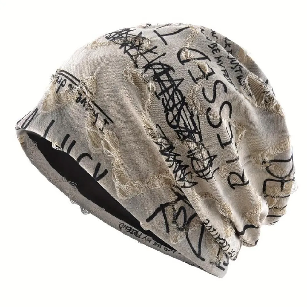 Distressed Graffiti Print Slouchy Beanie with Inspirational Quotes - Beige Color