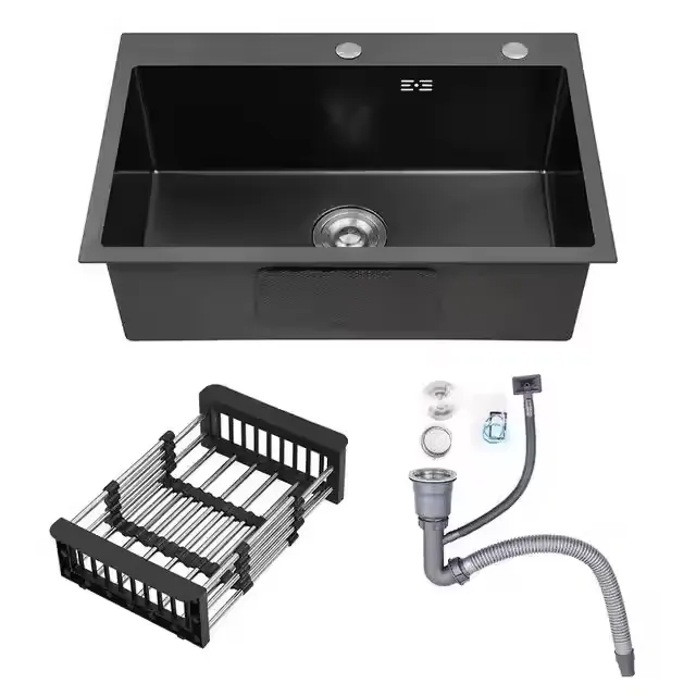 Black Single Kitchen Sink With Downpipe And Drain Basket - 60X45 CM
