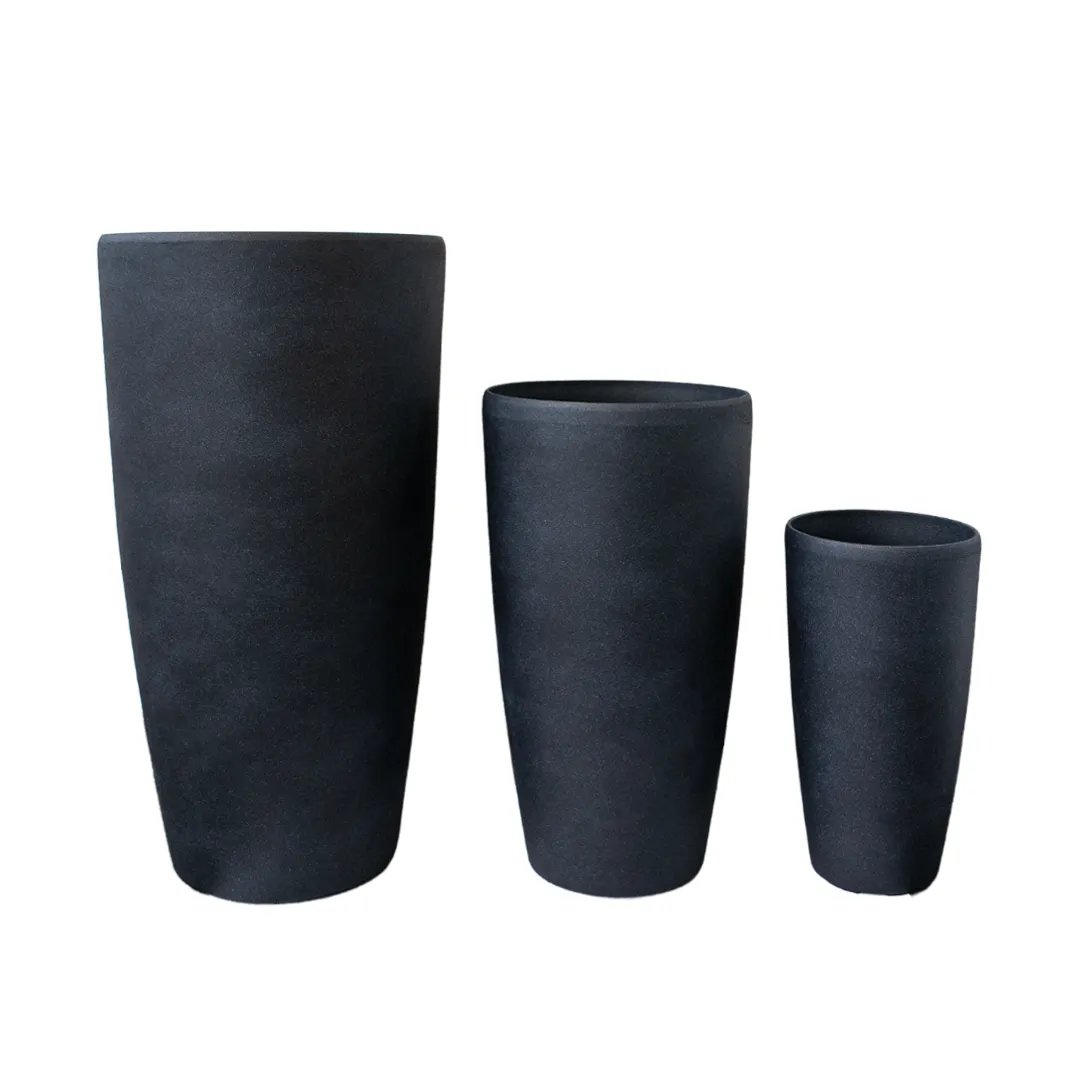 Flower Pots and Planters, Ultralight Tall 9.2kg/Set 3 Cylindrical Fluted - Coal Black