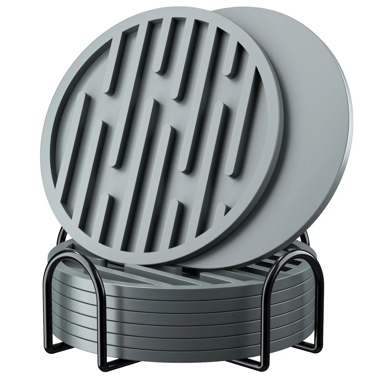 Silicone Coasters-Set of 6 Non-Slip Non-Scratch, Striped Non-Stick - Grey