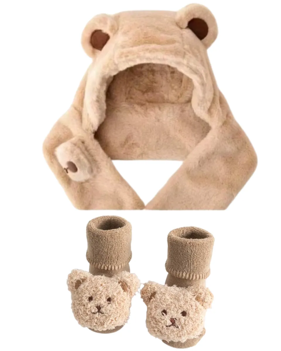 Aob Fluffy Baby Beanie Scarf with Teddy Bear Socks 0-12 Months