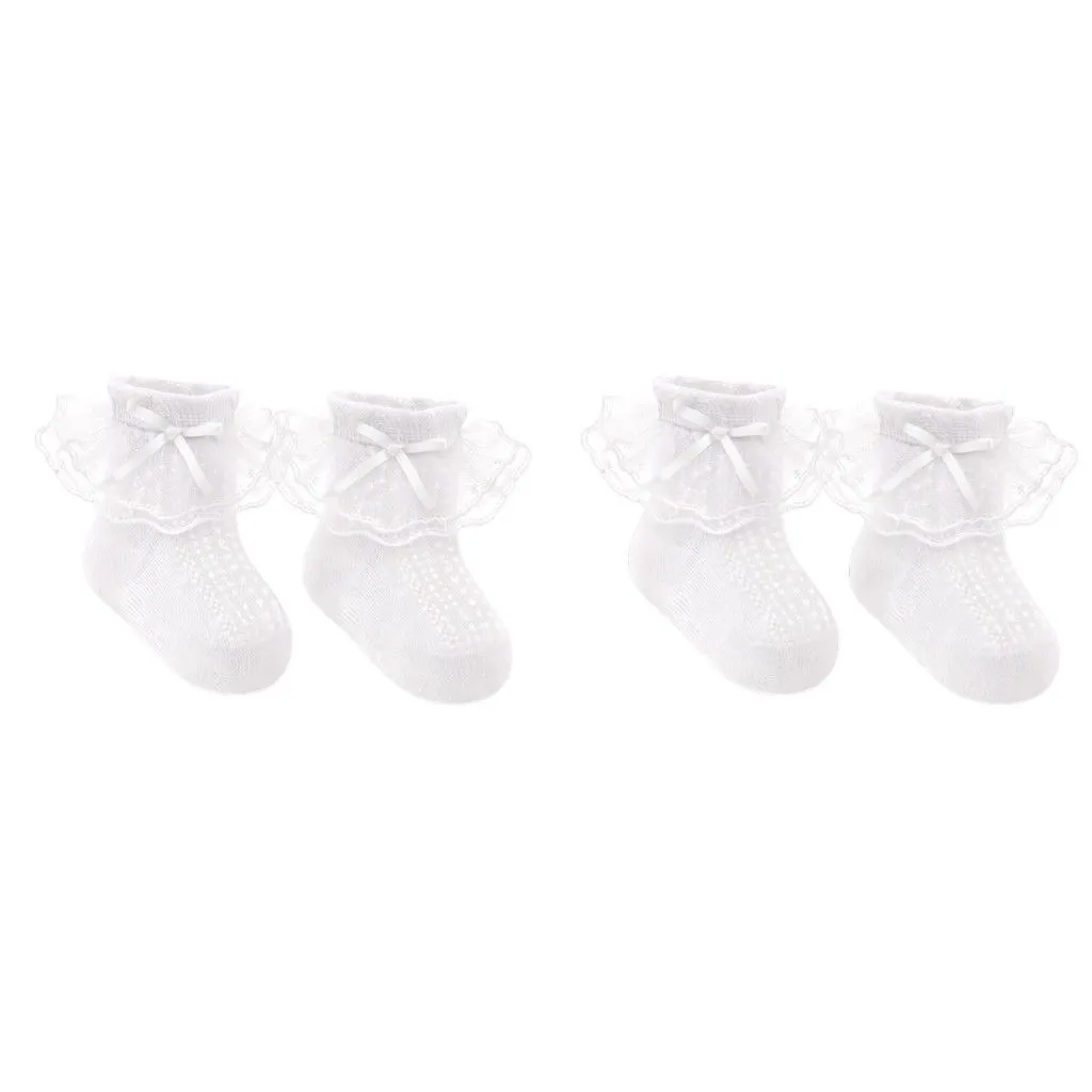 2 Pairs - Vintage Lace Baby Ankle Socks With Ribbon Bow Detail - White