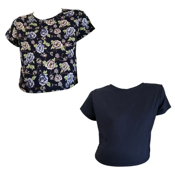 Maternity 2-Pack Short Sleeve Crop Tops Navy Floral & Rib Navy