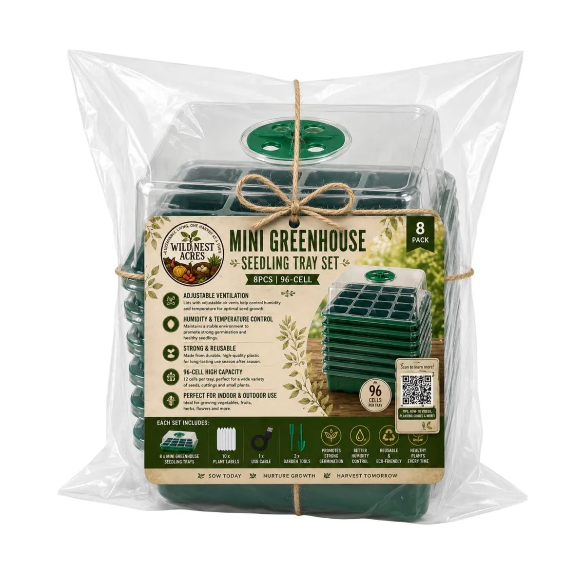 Mini Greenhouse Seedling Tray Set - 8 Pack (96 Cells)