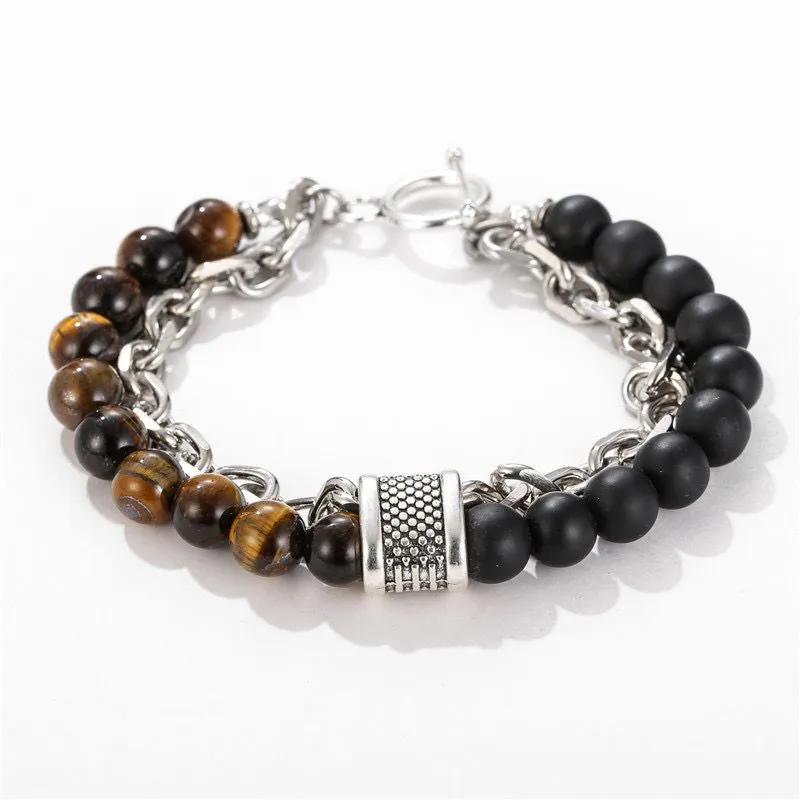 Natural Map Stone 8mm Beaded Bracelet Steel Bracelets Tiger Eye Bracelet - Brown