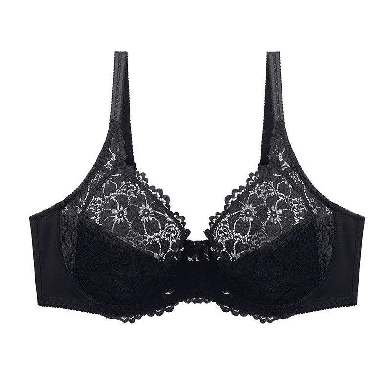 Plus Size Lace Push Up Bra Women Sexy Comfortable - Black-3885E