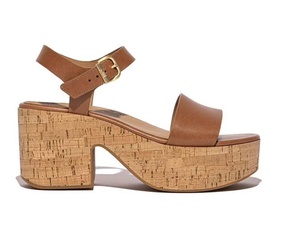 FitFlop Platforms Leather/Cork Heeled Ankle-Strap Sandals Deep Tan