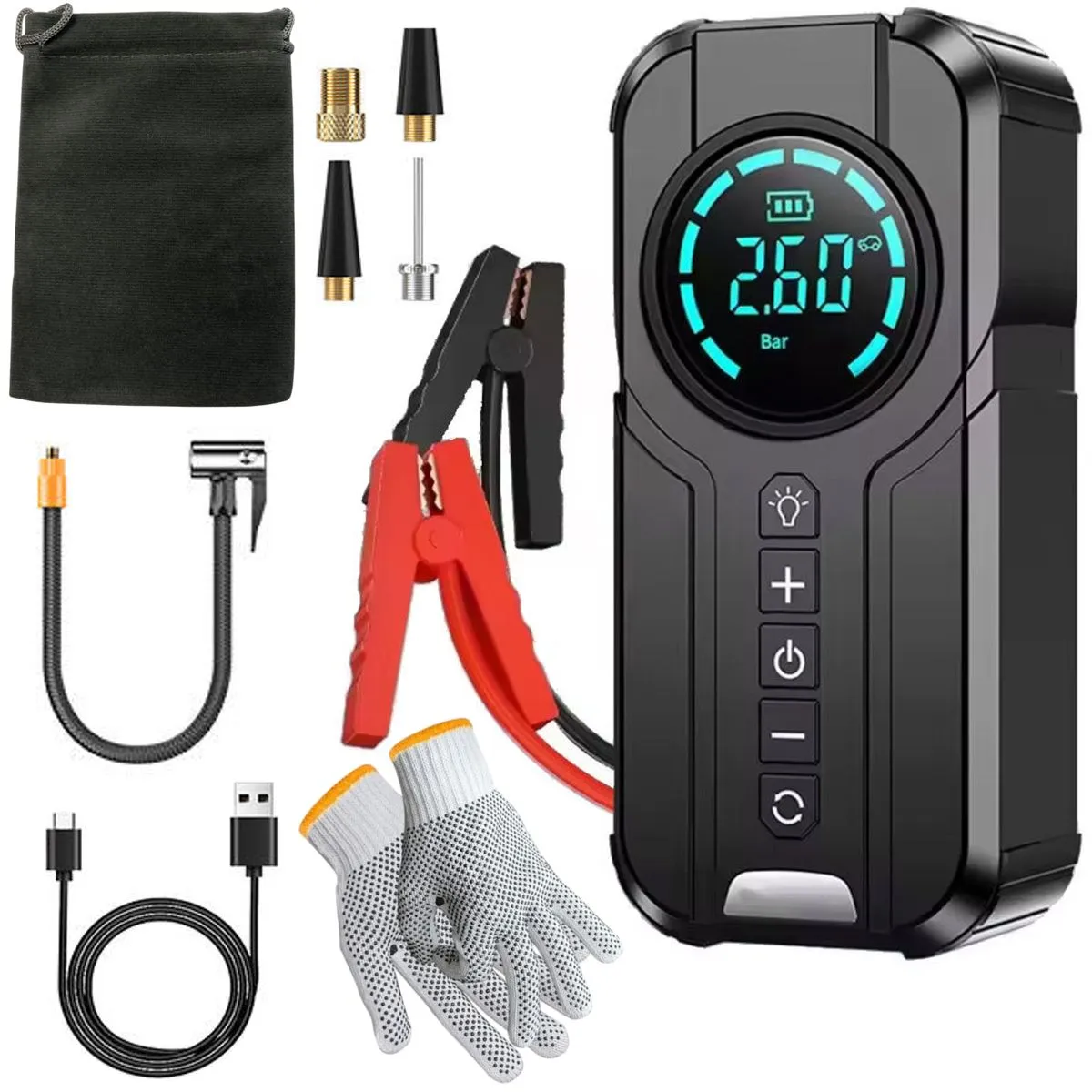 4In1 Car Emergency Booster, Tire Inflator, Power Bank, Flashlight & Glove
