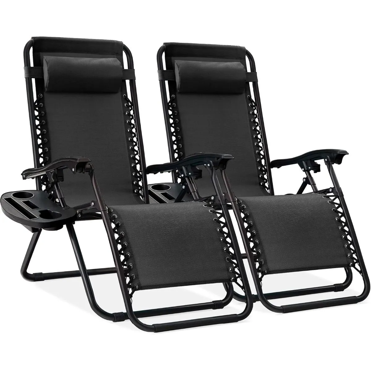 Lounger Chair Outdoor Folding Recliner Chair Set of 2 Pillows Trays Black - Black