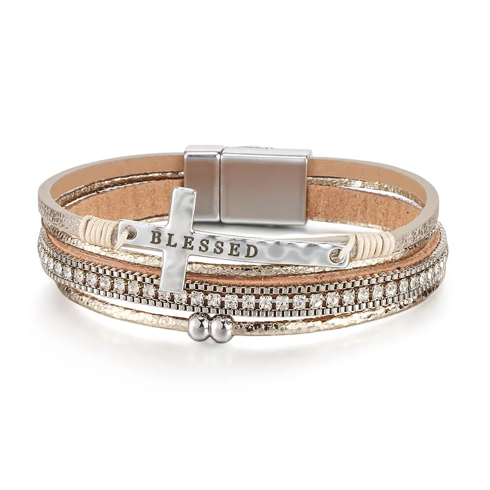 Boho Bracelet for Women Leather Wrap Multi-Layer Pearl Crystal
