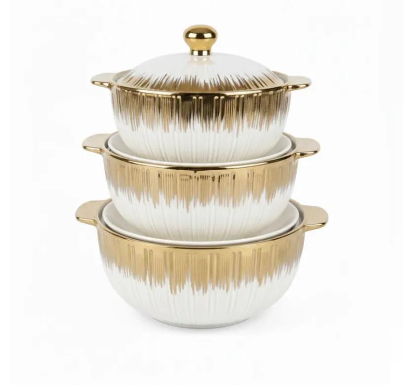 Elegant 3-piece Golden Sunburst White Ceramic Bowl Set with Lids