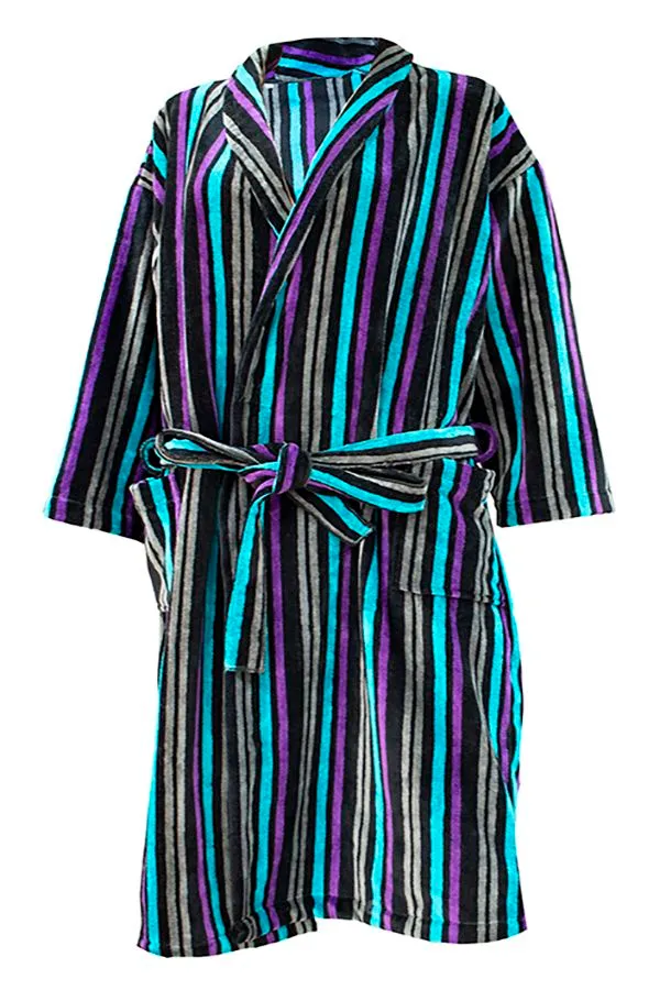 Bathrobe - Velour - Shawl Collar - Stripes Black Multi Color - 15 Pieces