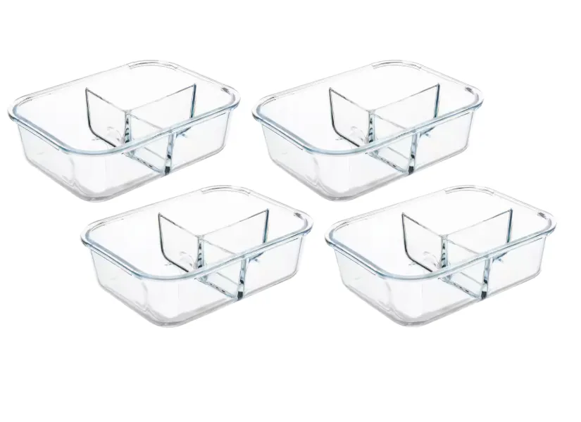 Rectangular Glass Food Storage Container 3 Compartment Meal Prep 1.04L 4Pc